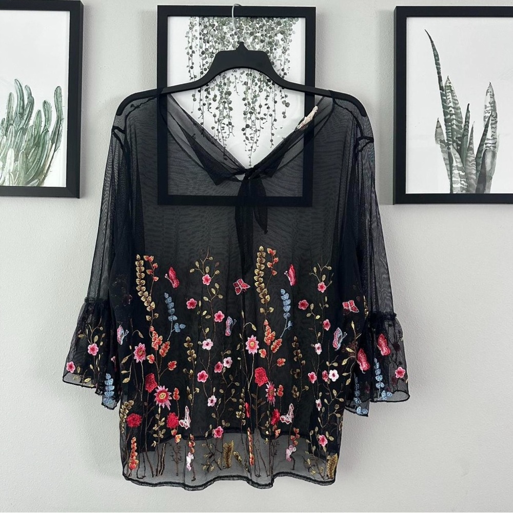 Black Sheer Mesh Floral Embroidered Blouse With Bell Sleeves 2XL